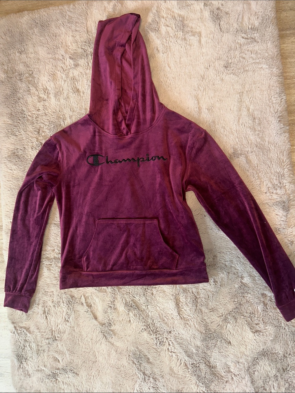Champion Burgundy Velvet Hoodie with Black Script